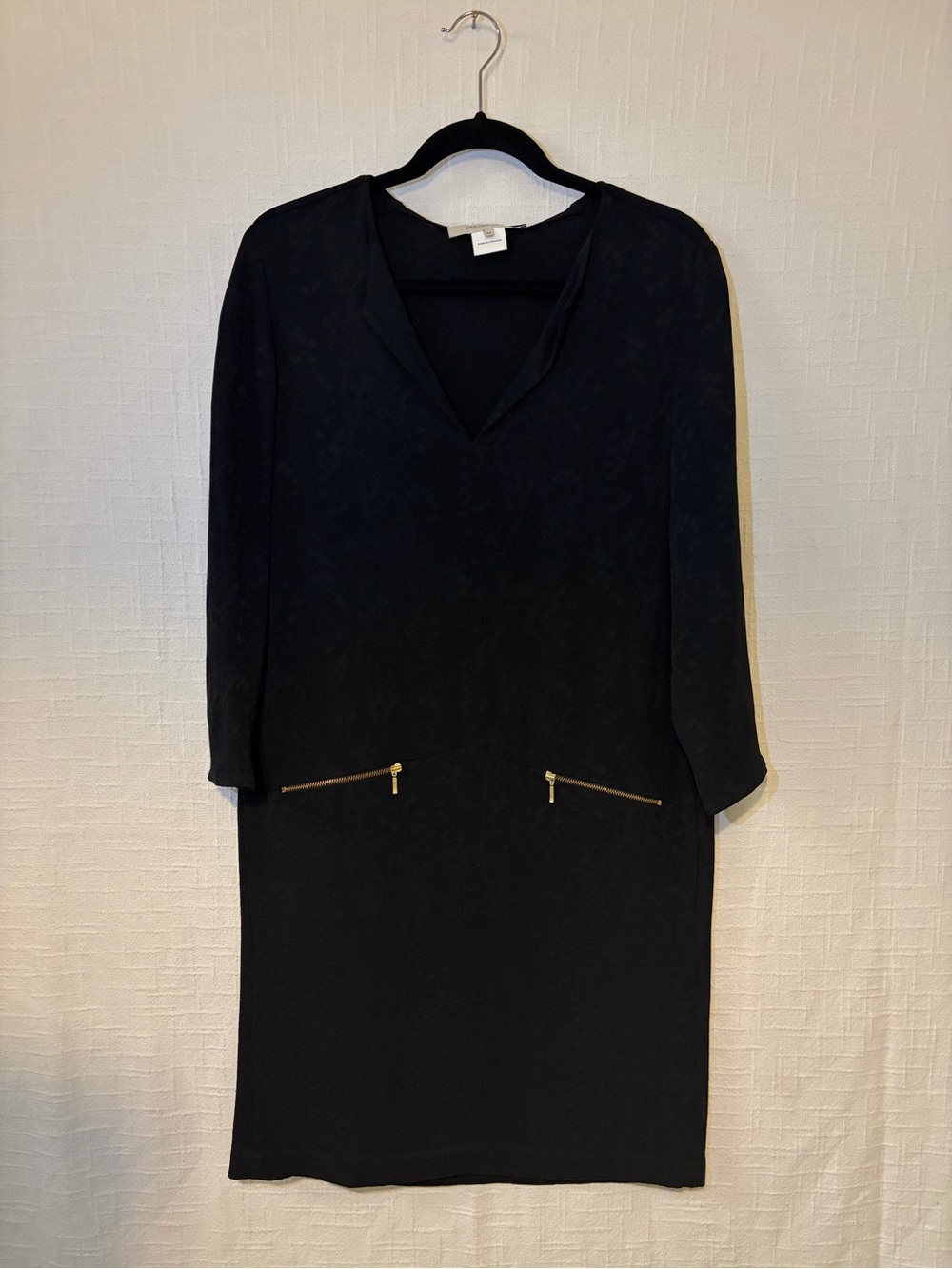 Gerard Darel Black Solid V-Neck 3/4 Sleeve Zipper Pencil Dress Knee 38